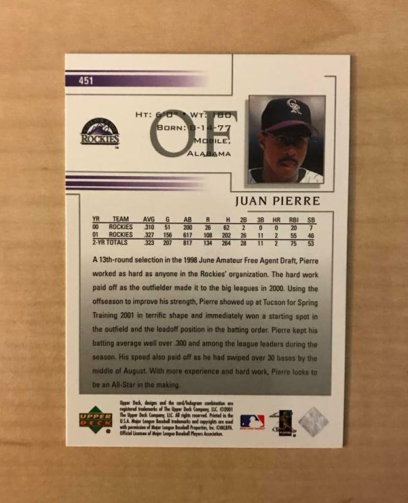 JUAN PIERRE COLORADO ROCKIES SIGNED AUTOGRAPHED 2002 UPPER DECK CARD #451 W/COA