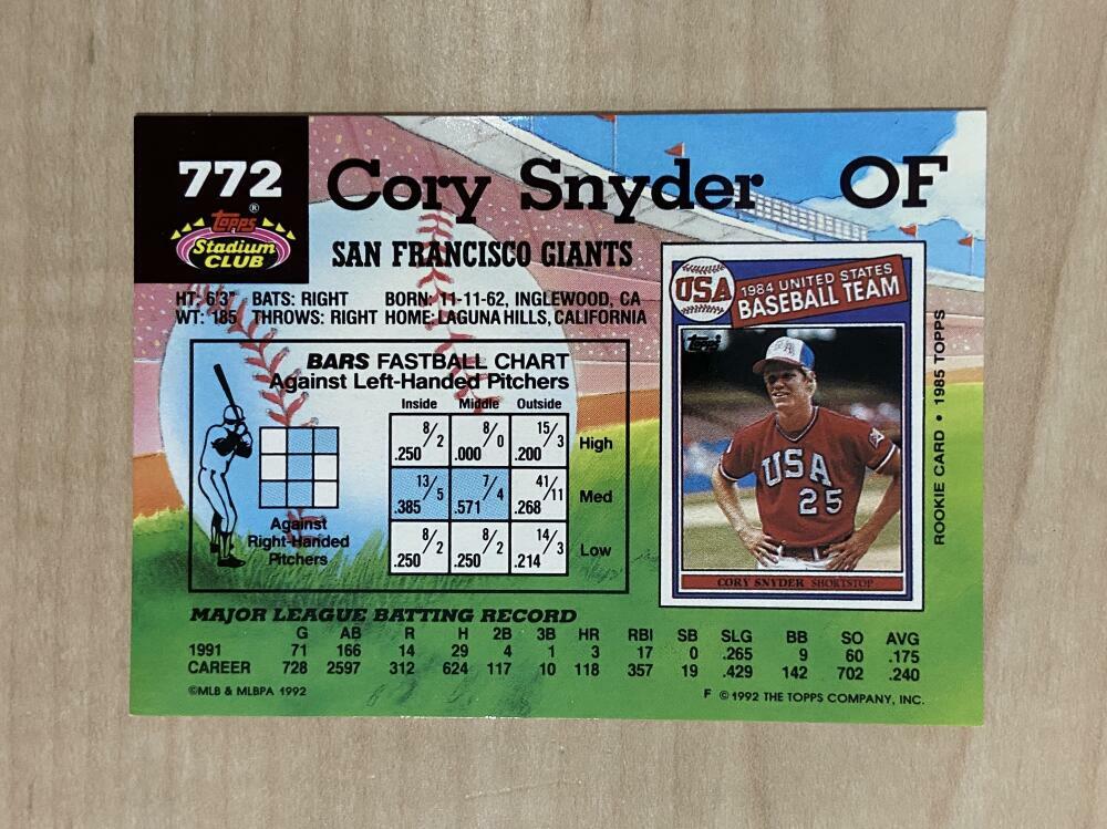 CORY SNYDER SAN FRANCISCO GIANTS SIGNED AUTOGRAPHED 1992 TOPPS CARD #772 W/COA