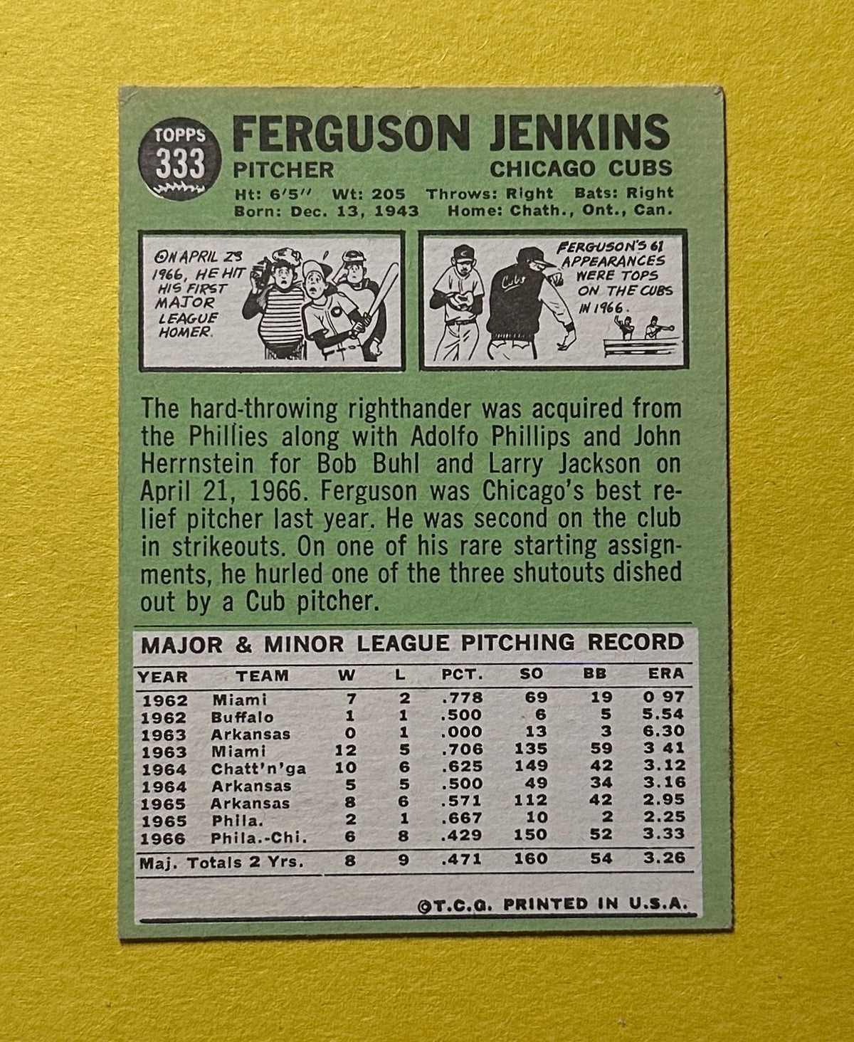 1967 TOPPS FERGUSON JENKINS #333 CUBS HOF