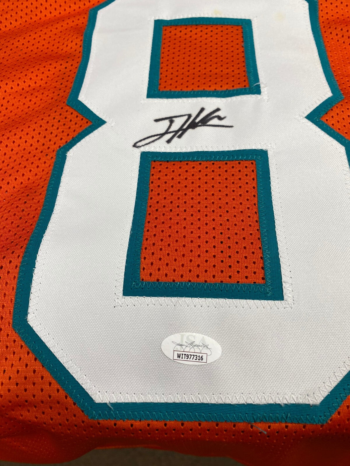 JEVON HOLLAND #8 DOLPHINS SIGNED AUTOGRAPHED ORANGE CUSTOM JERSEY SIZE XL JSA *