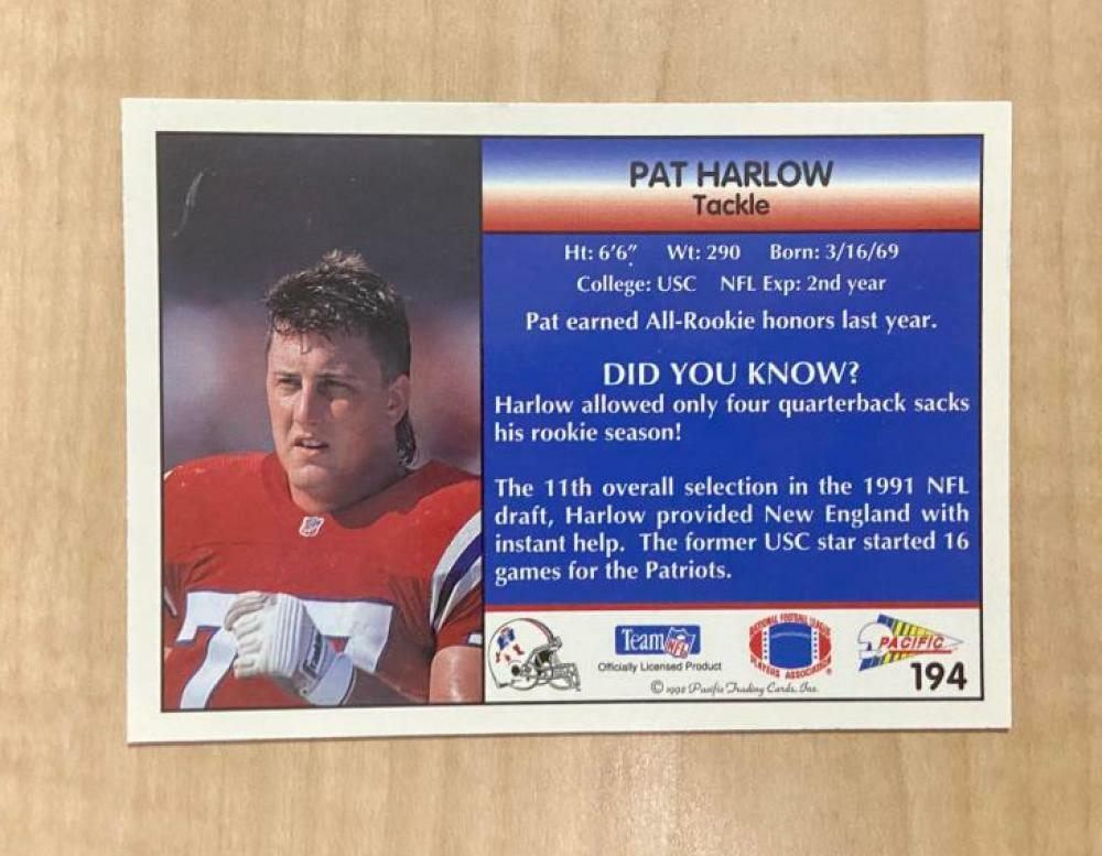 PAT HARLOW NEW ENGLAND PATRIOTS SIGNED AUTOGRAPHED 1992 PACIFIC CARD #194 W/COA