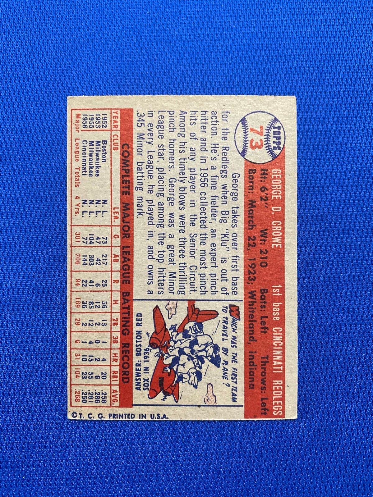 1957 TOPPS GEORGE CROWE CINCINNATI REDS #73 CARD VINTAGE SET-BREAK *