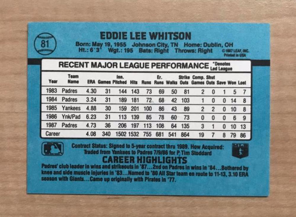 ED WHITSON SAN DIEGO PADRES SIGNED AUTOGRAPHED 1988 DONRUSS CARD #81 W/COA