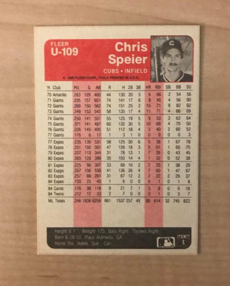 CHRIS SPEIER CHICAGO CUBS SIGNED AUTOGRAPHED 1985 FLEER CARD #U-109 W/COA