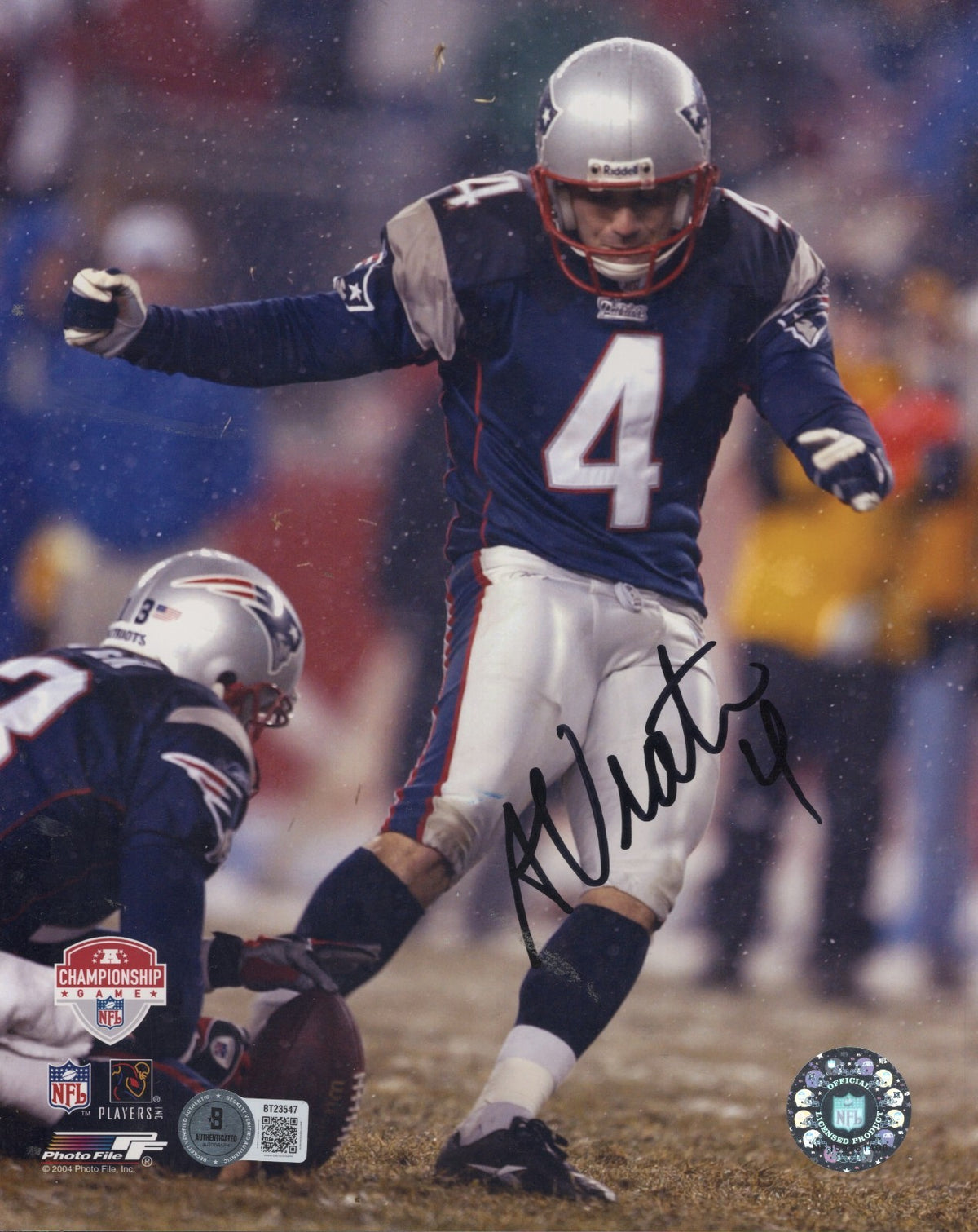 ADAM VINATIERI NEW ENGLAND PATRIOTS SIGNED AUTOGRAPHED 8X10 PHOTO BECKETT