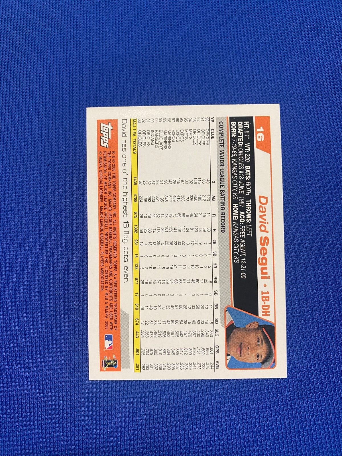 2003 TOPPS DAVID SEGUI BALTIMORE ORIOLES SIGNED AUTOGRAPHED CARD #16 W/COA