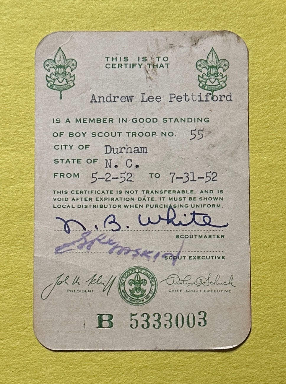 1952 VINTAGE BOY SCOUTS OF AMERICA IDENTIFICATION CARD