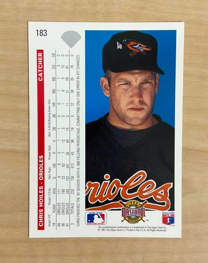 CHRIS HOILES BALTIMORE ORIOLES SIGNED 1992 UPPER DECK CARD #183 W/COA