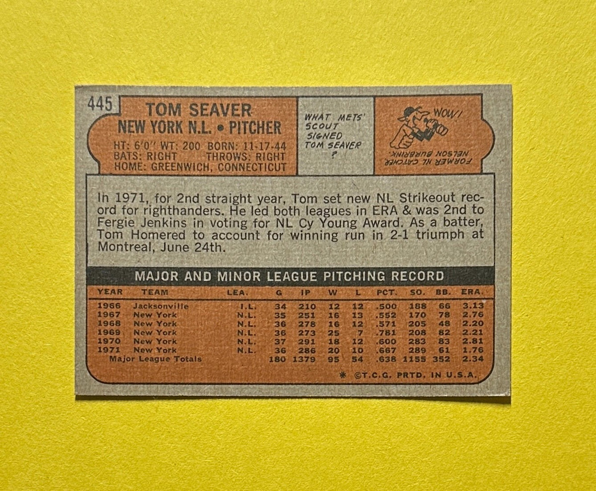 1972 TOPPS TOM SEAVER #445 METS HOF