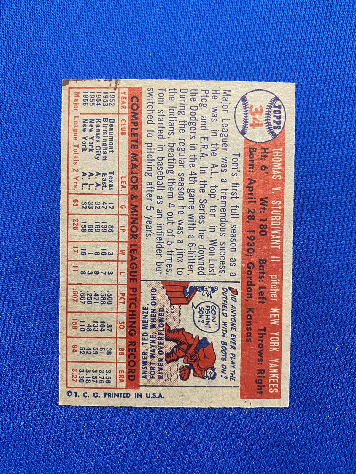1957 TOPPS TOM STURDIVANT NEW YORK YANKEES #34 CARD VINTAGE SET-BREAK