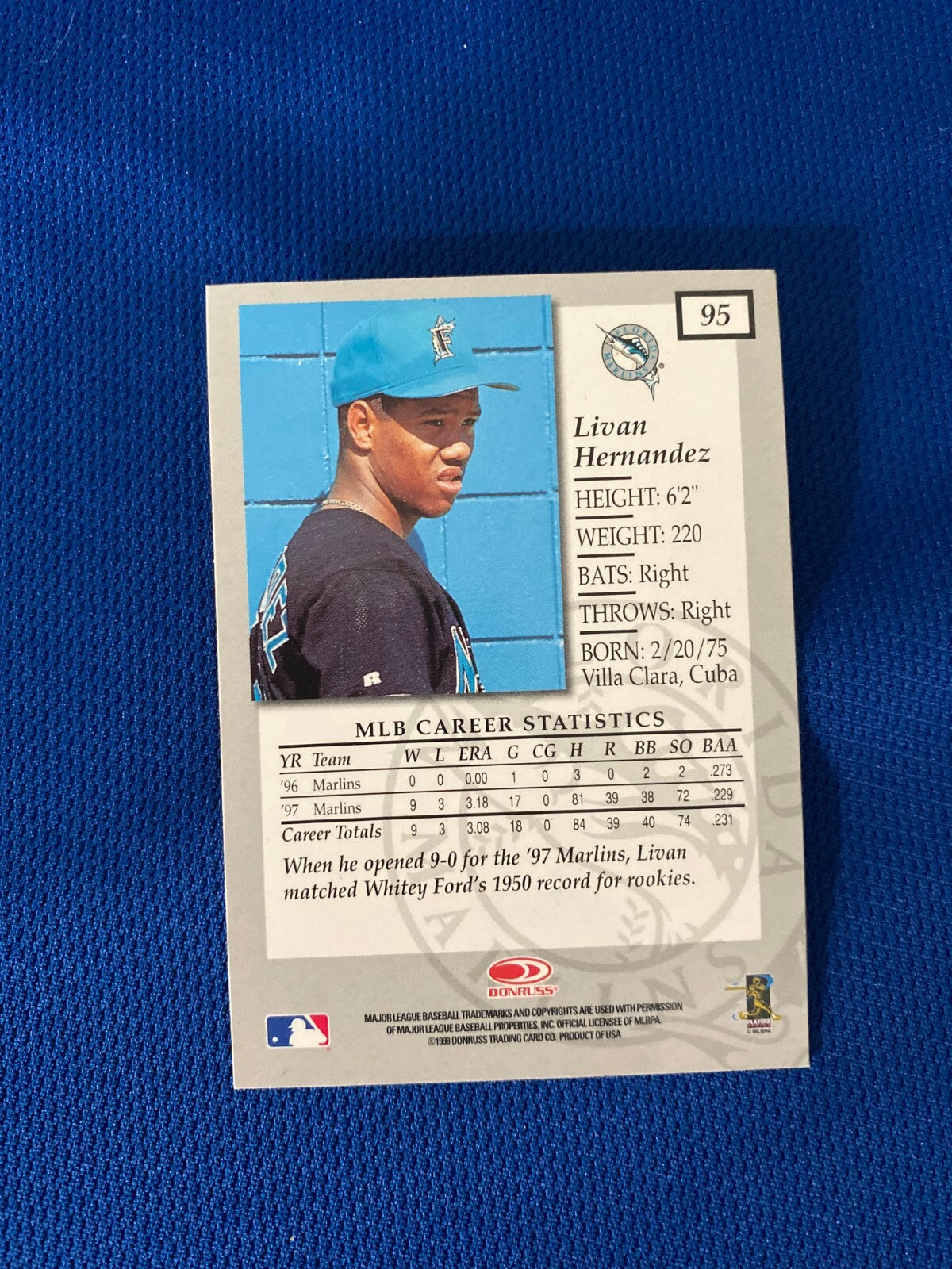 1998 DONRUSS ELITE LIVAN HERNANDEZ FL MARLINS AUTOGRAPHED SIGNED CARD #95 W/COA