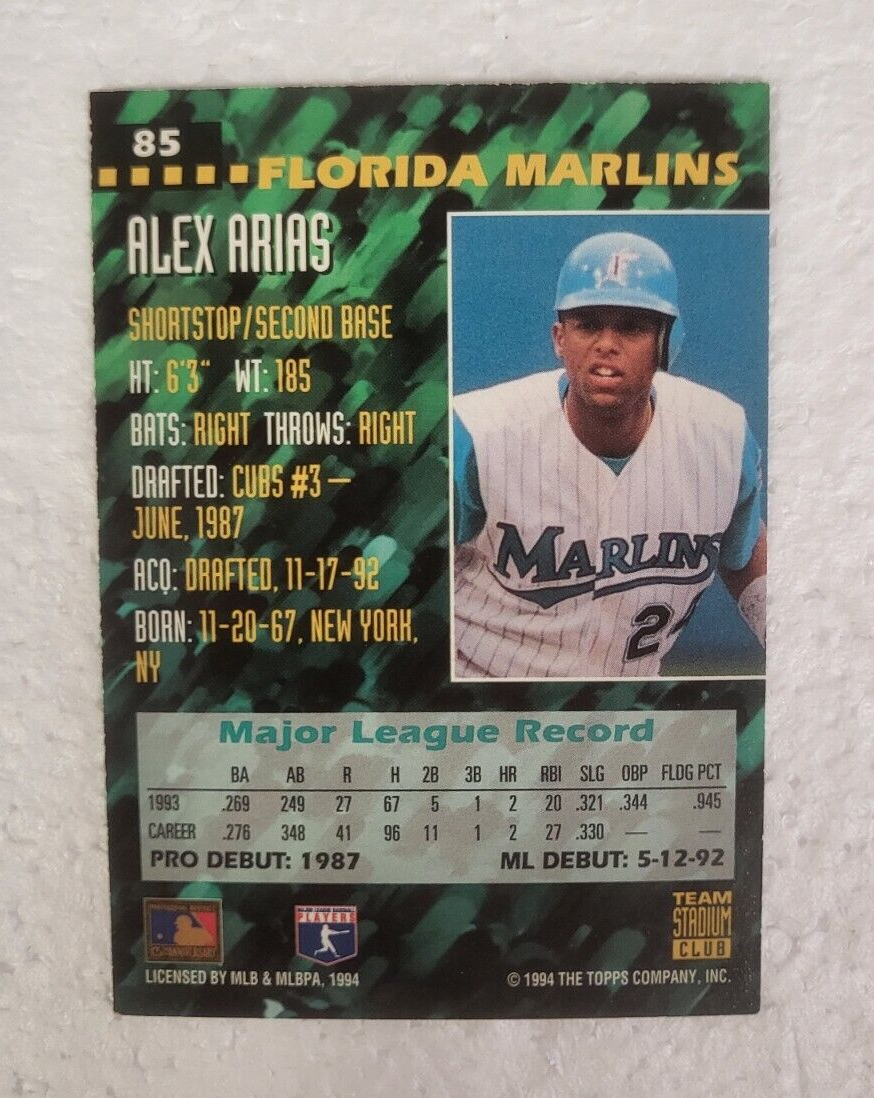 1994 TEAM STADIUM CLUB ALEX ARIAS FLORIDA MARLINS SIGNED AUTO CARD #85 W/COA