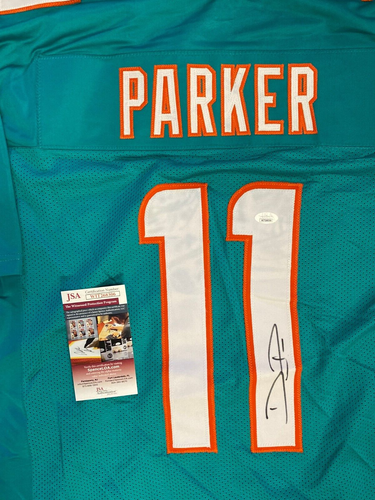 DEVANTE PARKER MIAMI DOLPHINS SIGNED AUTOGRAPH CUSTOM TEAL JERSEY SZ XL JSA **