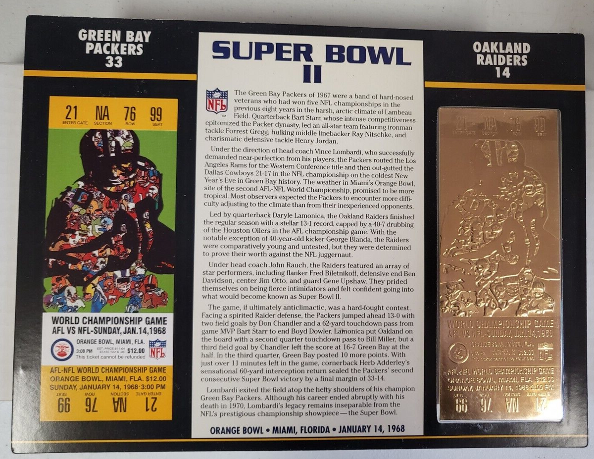 NFL SUPER BOWL II 22KT GOLD TICKET WILLABEE WARD GB PACKERS 33 OAK RAIDERS 14