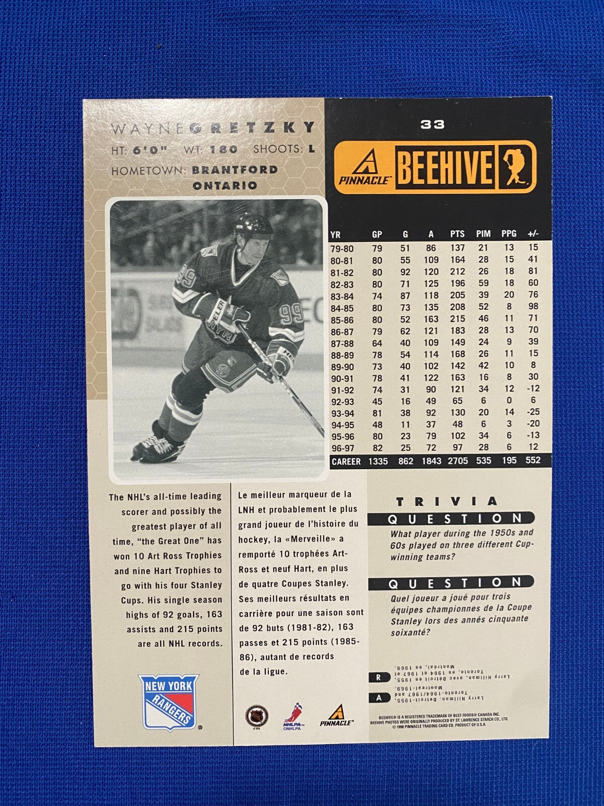 1998 PINNACLE BEEHIVE WAYNE GRETZKY RANGERS JUMBO CARD #33