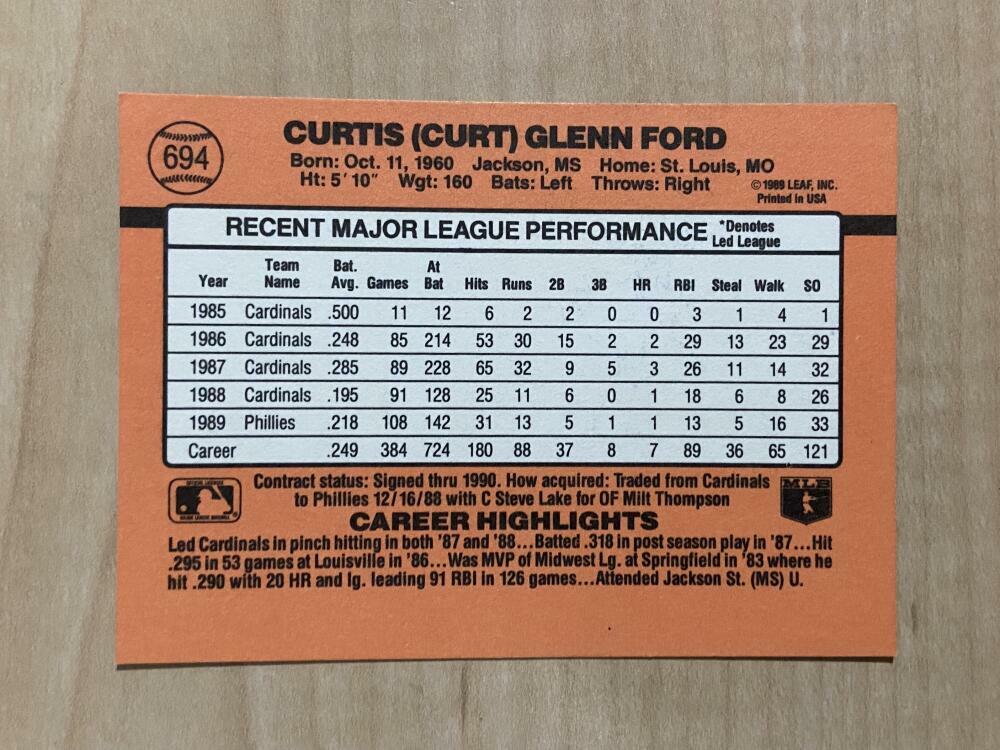 CURT FORD PHILADELPHIA PHILLIES SIGNED AUTOGRAPHED 1990 DONRUSS CARD #694 W/COA
