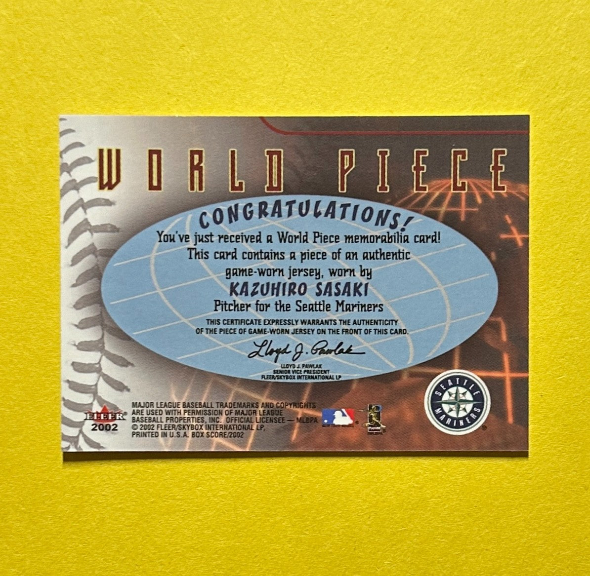 2002 FLEER BOX SCORE KAZUHIRO SASAKI RELIC WORLD PIECE MARINERS