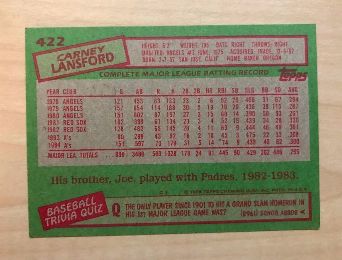 CARNEY LANSFORD OAKLAND ATHLETICS SIGNED AUTOGRAPHED 1985 TOPPS #422 W/COA