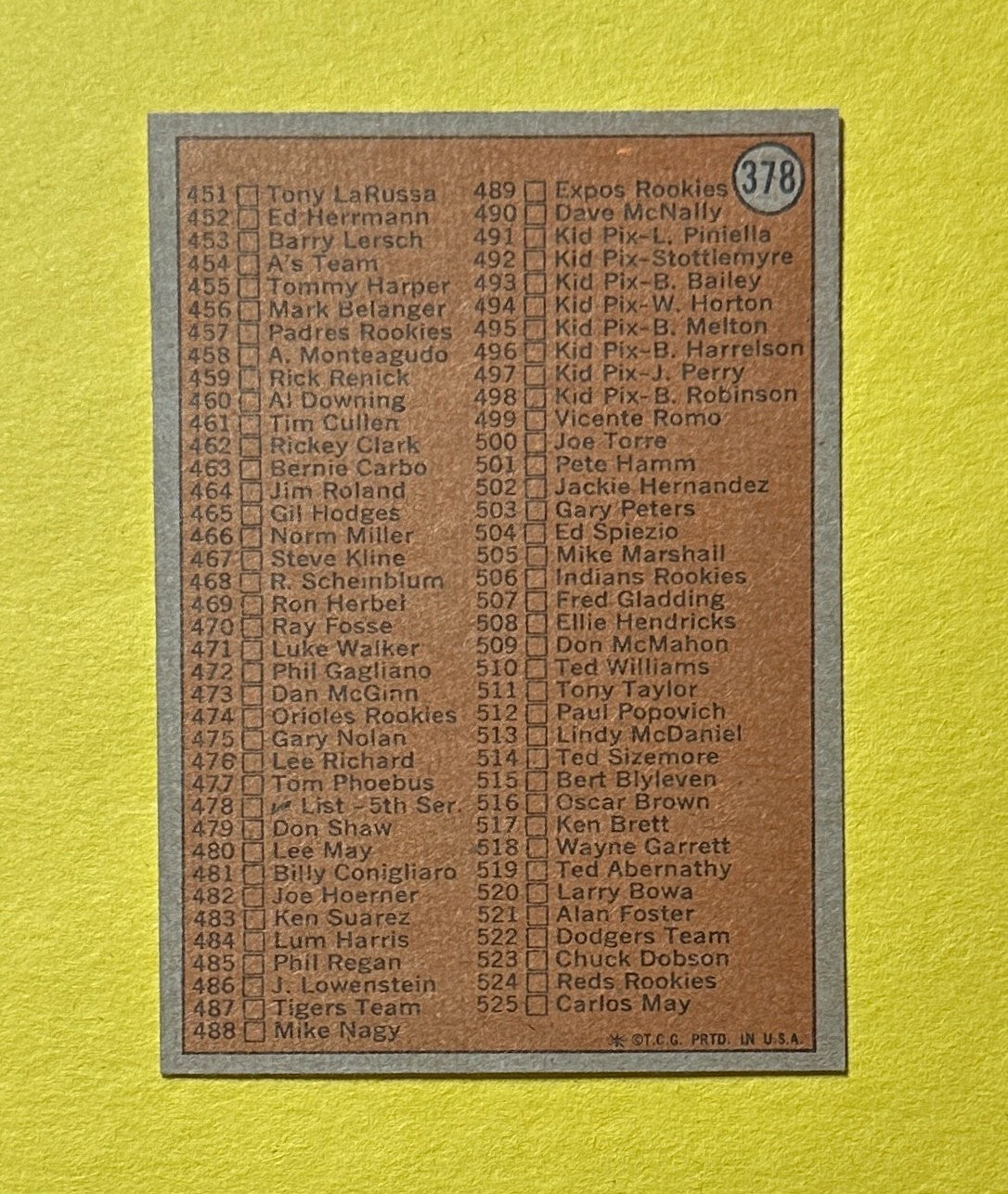 1972 TOPPS CHECKLIST 4TH SERIES #378