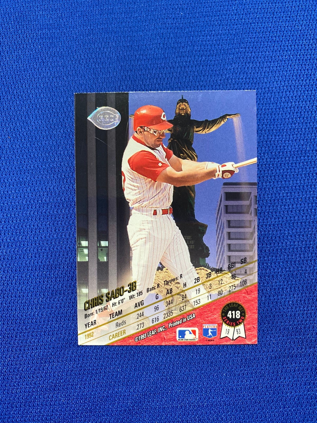 1993 LEAF CHRIS SABO CINCINNATI REDS SIGNED AUTOGRAPHED #418 CARD W/COA