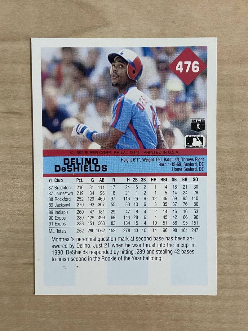 DELINO DESHIELDS MONTREAL EXPOS SIGNED AUTOGRAPHED 1992 FLEER CARD #476 W/COA