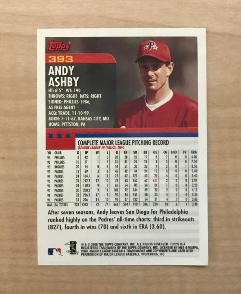 ANDY ASHBY PHILADELPHIA PHILLIES SIGNED AUTOGRAPHED 2000 TOPPS CARD #393 W/COA