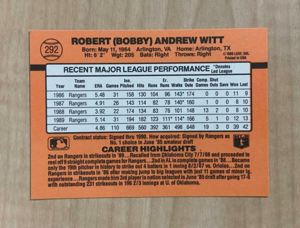 BOBBY WITT TEXAS RANGERS SIGNED AUTOGRAPHED 1990 DONRUSS CARD #292 W/COA 