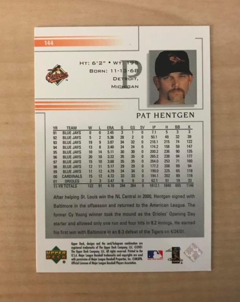 PAT HENTGEN BALTIMORE ORIOLES SIGNED AUTOGRAPHED 2002 UPPER DECK CARD #144 W/COA