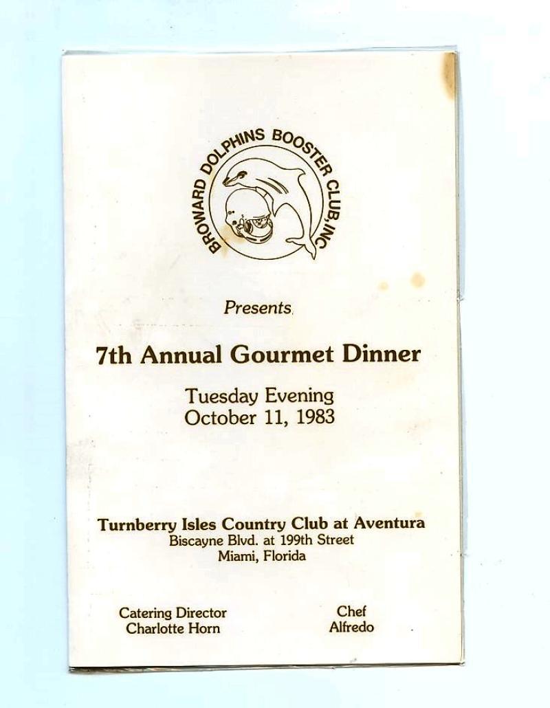 DOLPHINS 7TH ANNUAL DINNER 1983 DOROTHY SHULA *RARE* SIGNED MENU W/COA