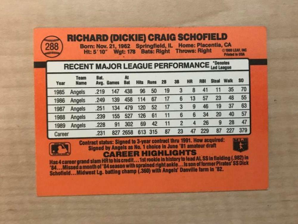 DICK SCHOFIELD CALIFORNIA ANGELS SIGNED AUTOGRAPHED 1990 DONRUSS CARD #288 W/COA