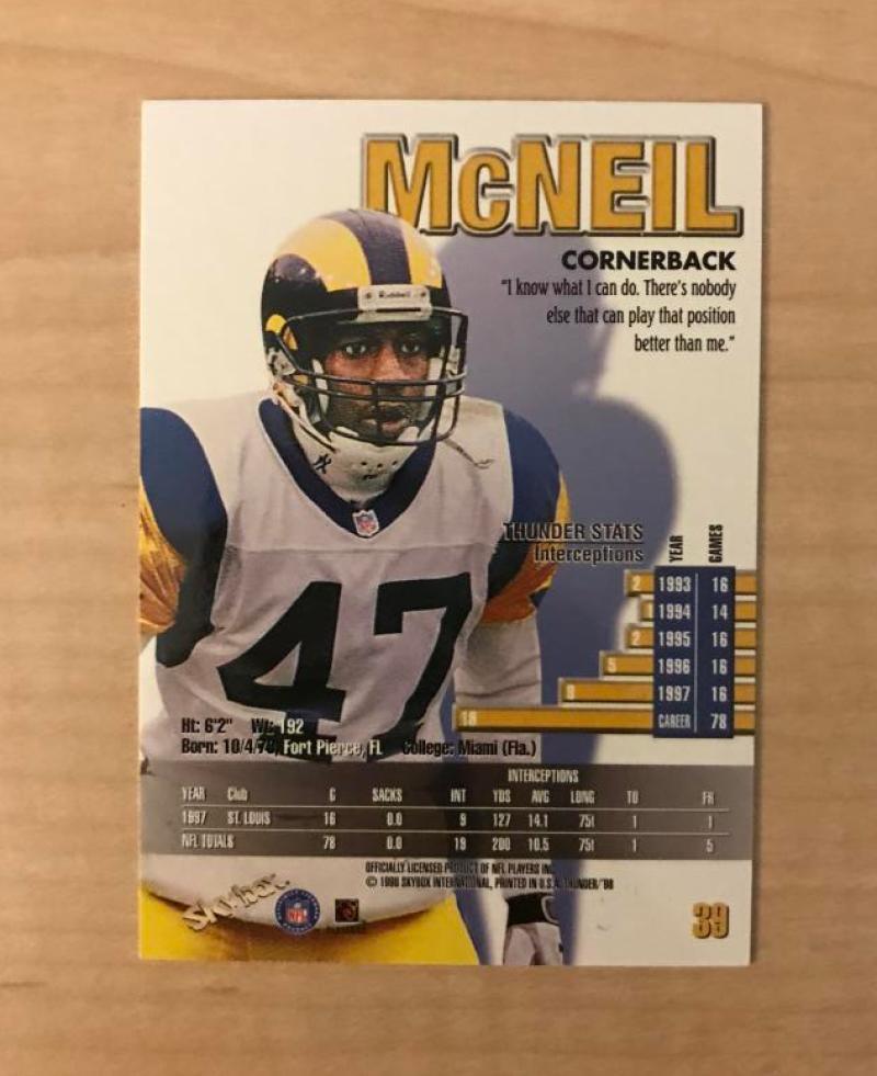 RYAN MCNEIL ST. LOUIS RAMS SIGNED AUTOGRAPHED 1998 SKYBOX THUNDER CARD #39 W/COA