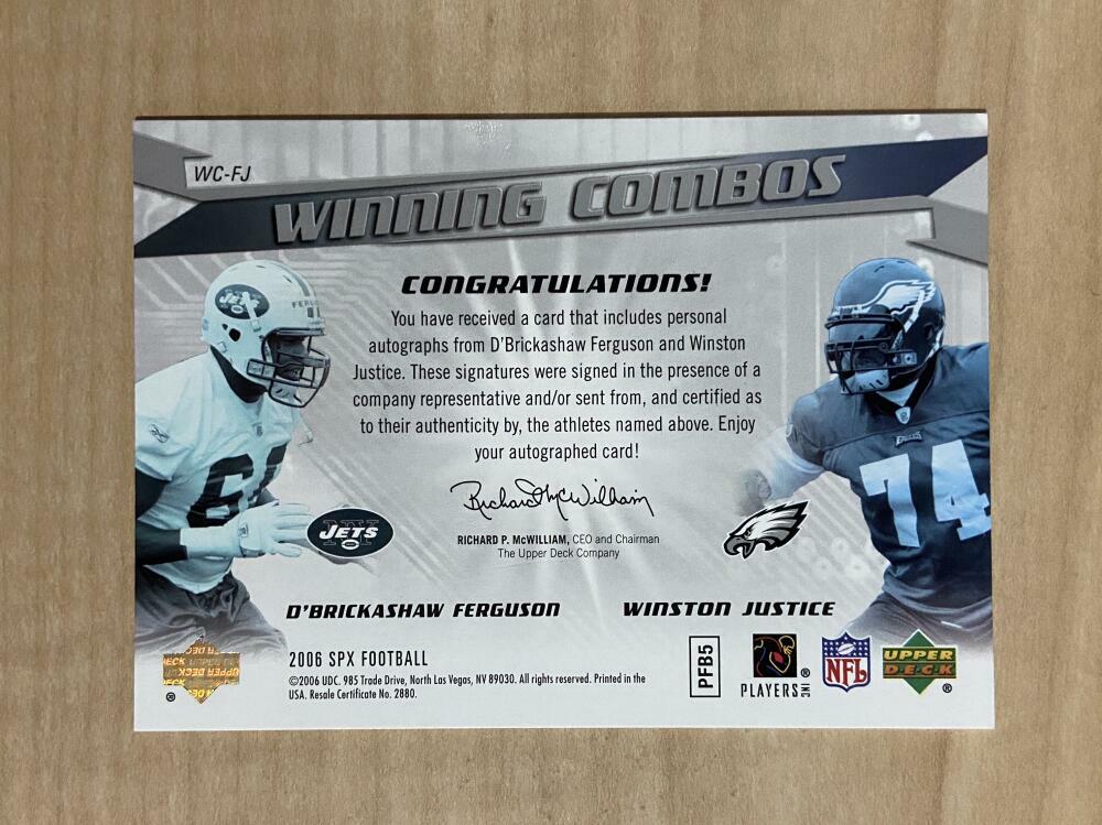 DBRICKASHAW FERGUSON WINSTON JUSTICE EAGLES JETS SIGNED 2006 UPPER DECK 23/50