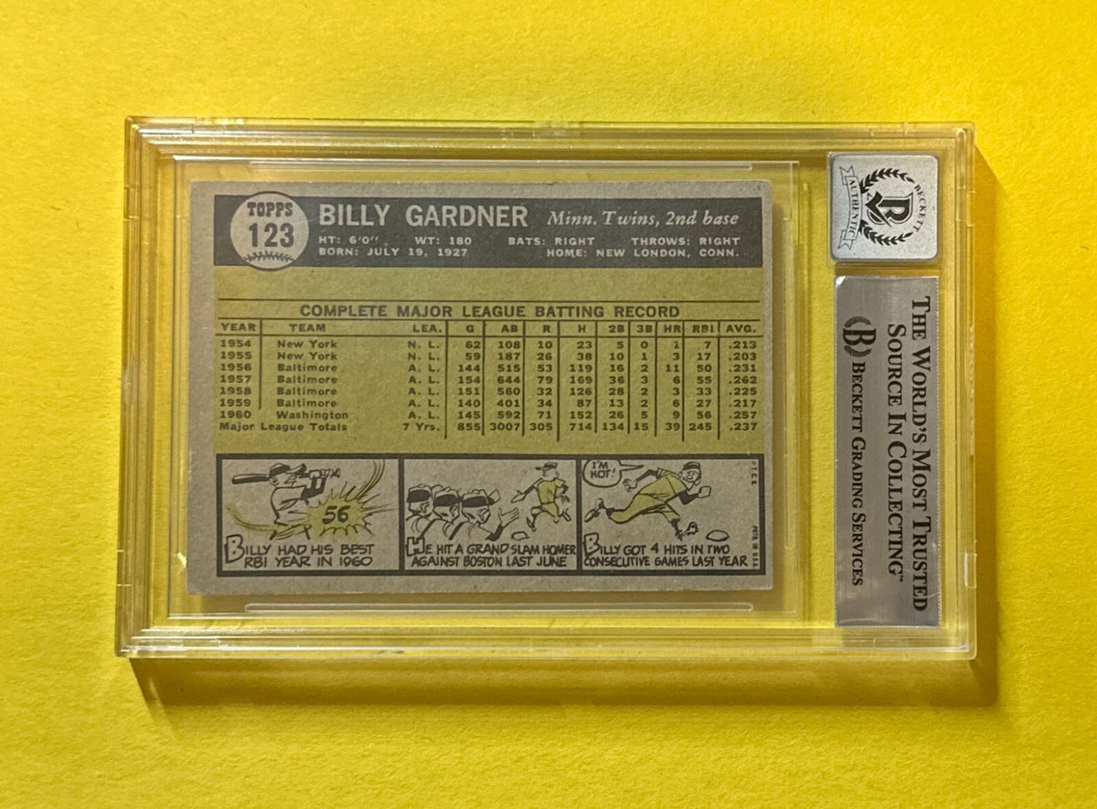 1961 TOPPS BILLY GARDNER #123 SIGNED AUTOGRAPHED CARD BECKETT AUTH 10 TWINS