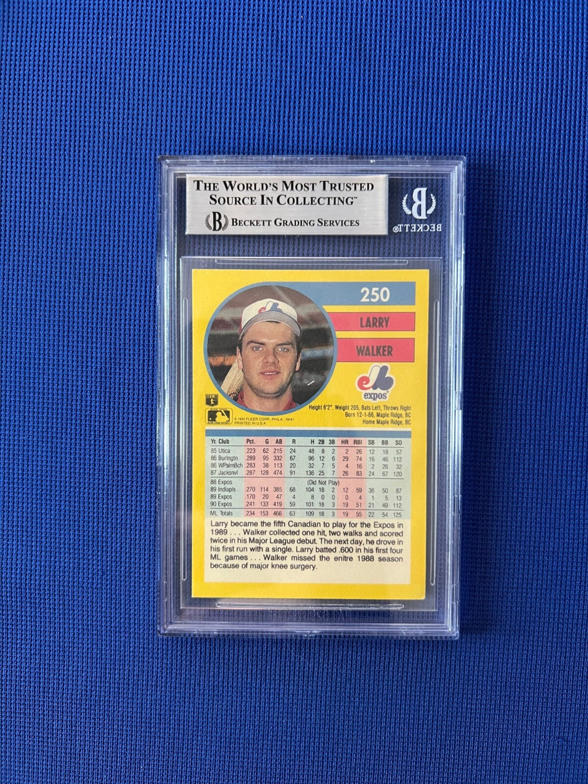 1991 FLEER LARRY WALKER MONTREAL EXPOS SIGNED AUTOGRAPHED CARD #250 BECKETT