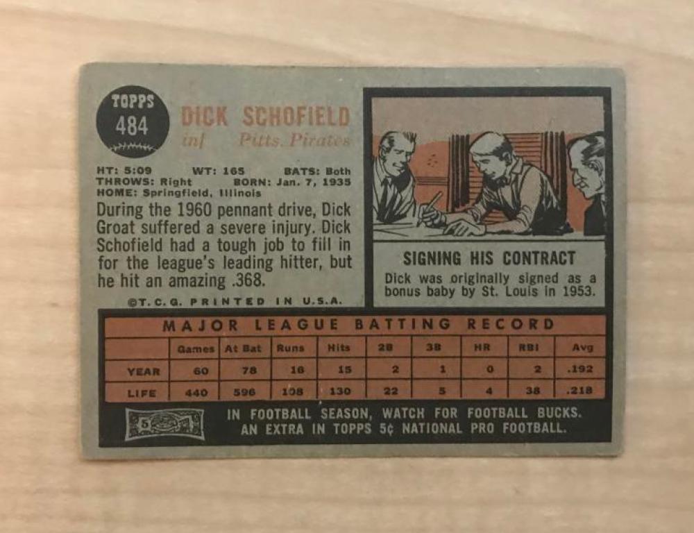 DICK SCHOFIELD PITTSBURGH PIRATES SIGNED VINTAGE 1962 TOPPS CARD #484 W/COA