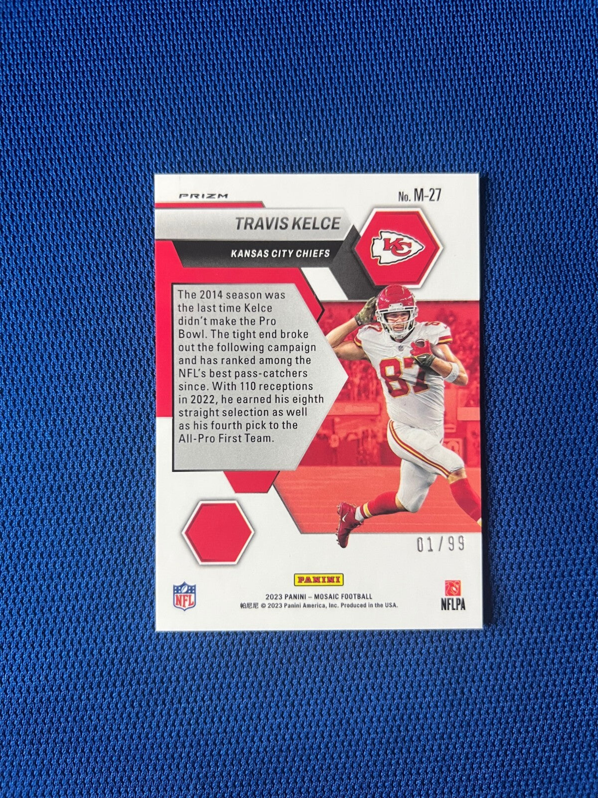 2023 PANINI MOSAIC TRAVIS KELCE KC CHIEFS MONTAGE BLUE PRIZM /99 #M-27