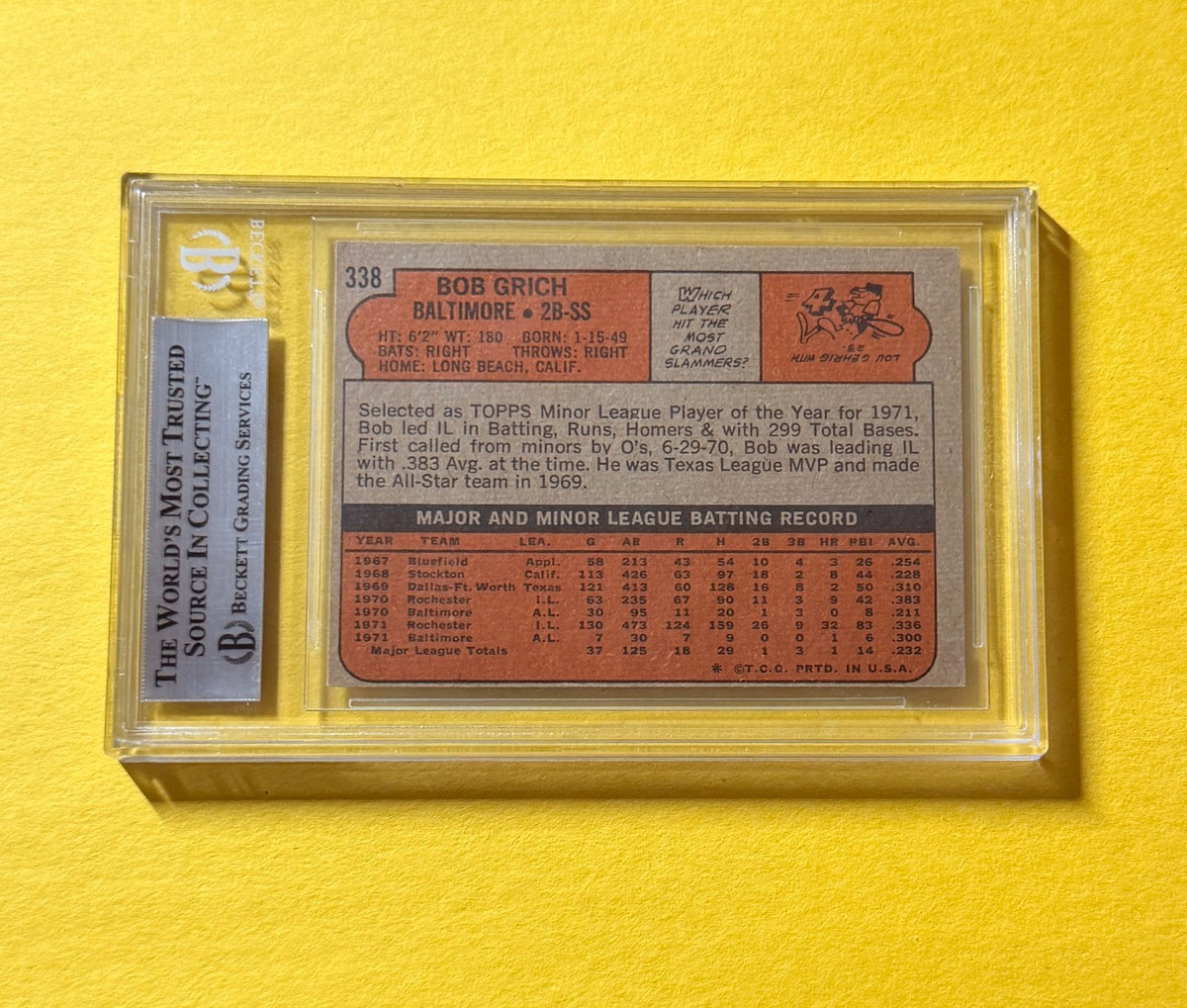 1972 TOPPS BOBBY GRICH #338 SIGNED AUTO CARD BECKETT AUTHENTIC ORIOLES