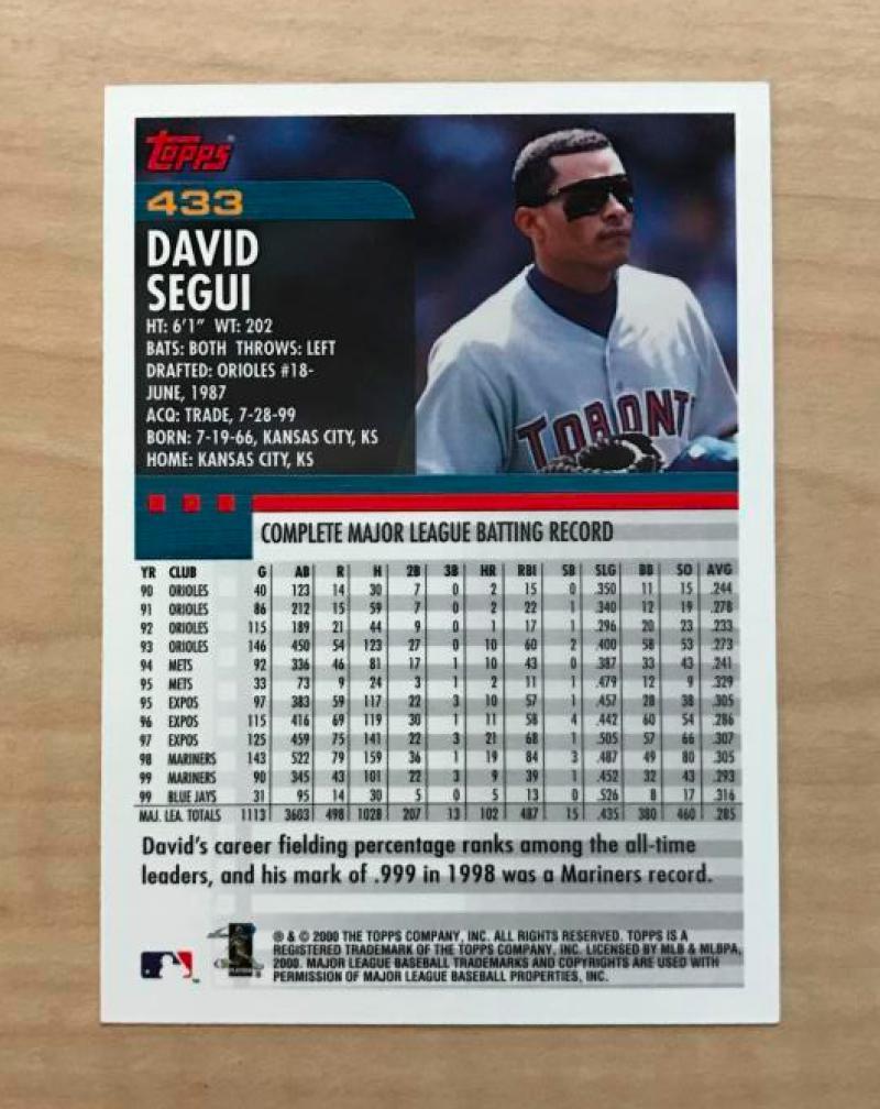 DAVID SEGUI TORONTO BLUE JAYS SIGNED AUTOGRAPHED 2000 TOPPS CARD #433 W/COA 