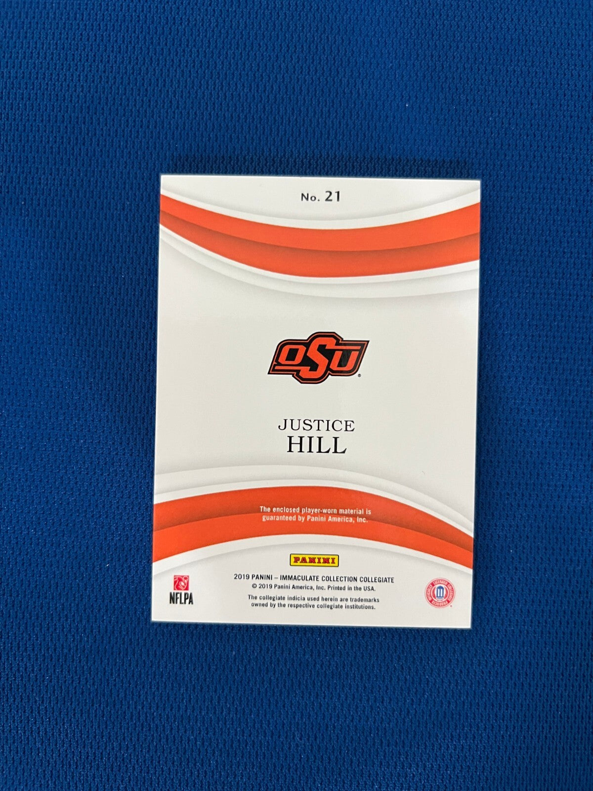 2019 IMMACULATE JUSTICE HILL OSU JUMBO JERSEY CARD /99 #21