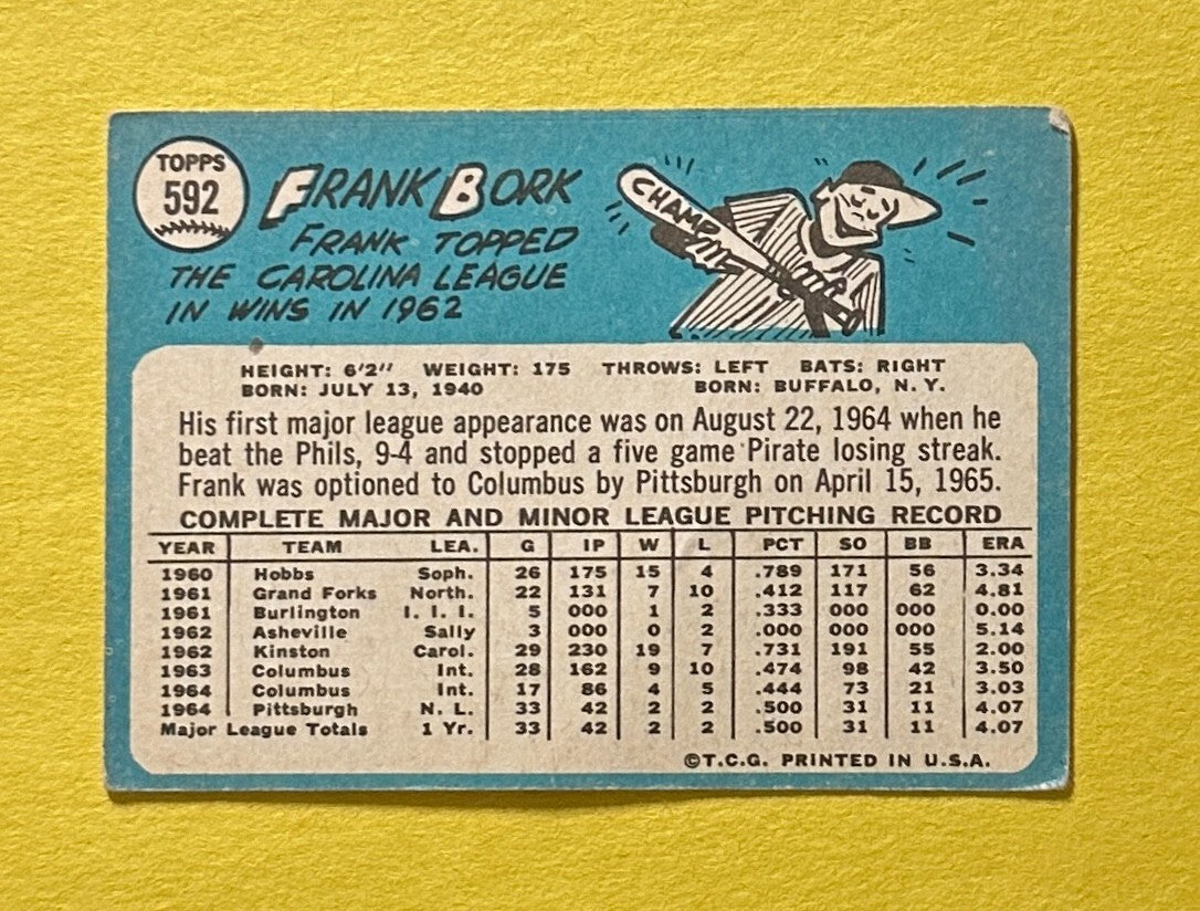 1965 TOPPS FRANK BORK HIGH NUMBER #592 PIRATES