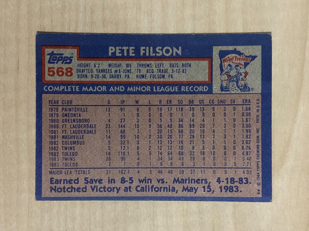 PETE FILSON MINNESOTA TWINS SIGNED AUTOGRAPHED 1984 TOPPS CARD #568 W/COA