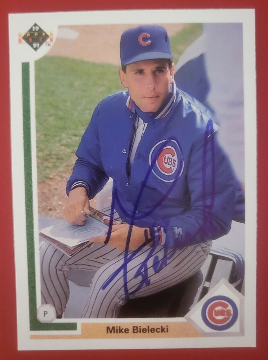 1991 UPPER DECK MIKE BIELECKI CHICAGO CUBS SIGNED AUTOGRAPHED CARD #597 W/COA