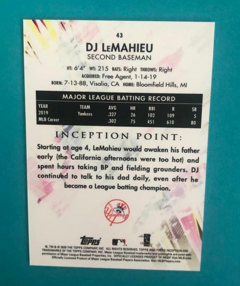 2020 TOPPS INCEPTION DJ LEMAHIEU YANKEES BASE CARD #43 