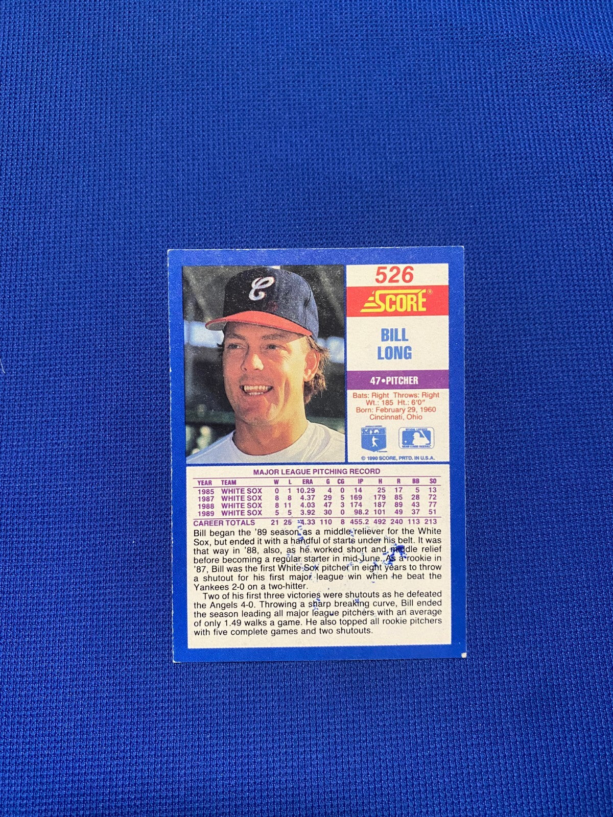 1990 SCORE BILL LONG CHICAGO WHITE SOX SIGNED AUTOGRAPHED CARD #526 W/COA
