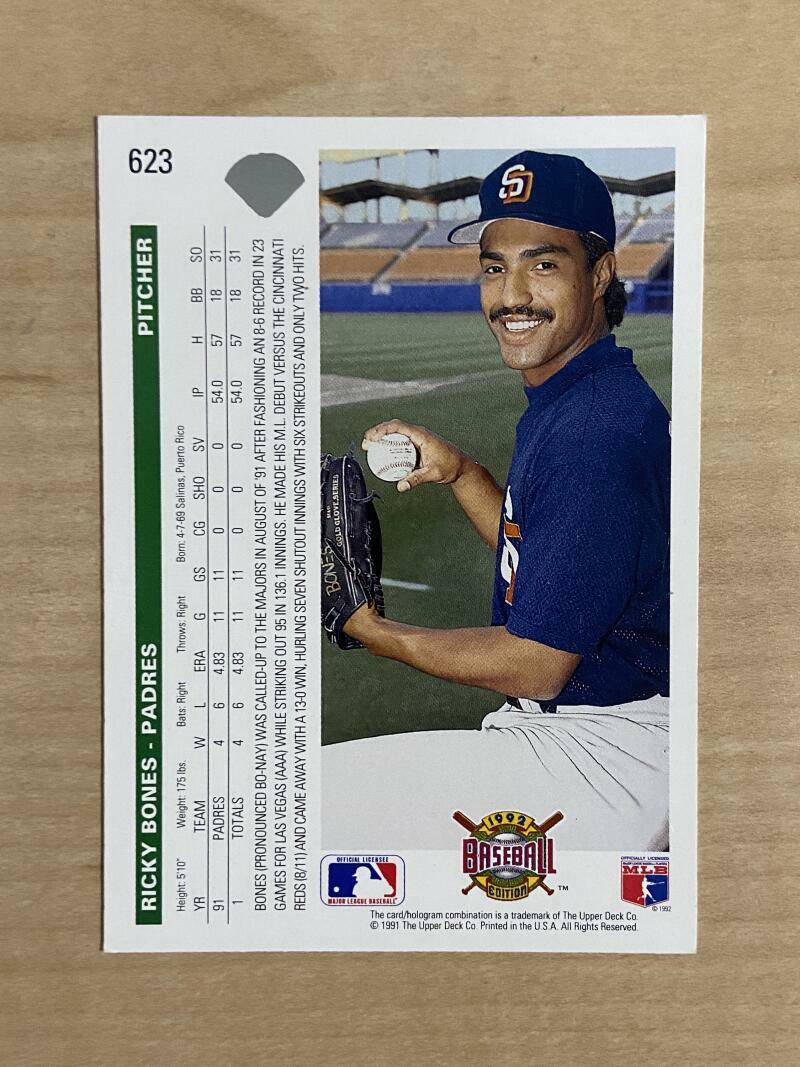 RICKY BONES SAN DIEGO PADRES SIGNED AUTOGRAPHED 1992 UPPER DECK CARD #623 W/COA