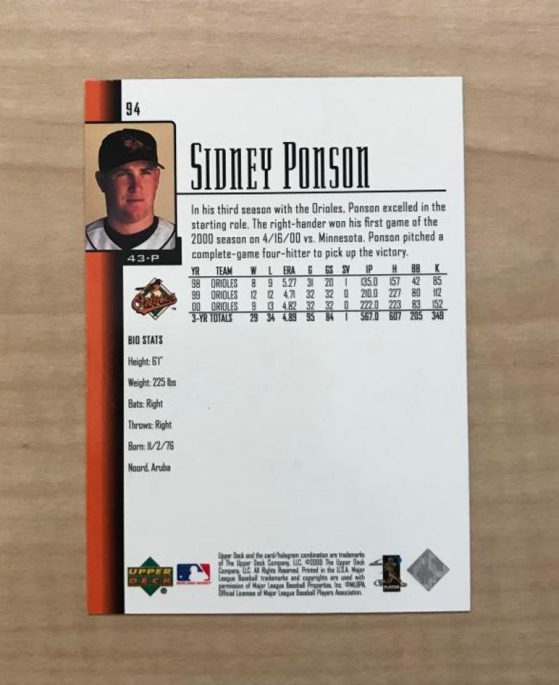 SIDNEY PONSON BALTIMORE ORIOLES SIGNED AUTOGRAPHED 2001 UPPER DECK CARD#94 W/COA