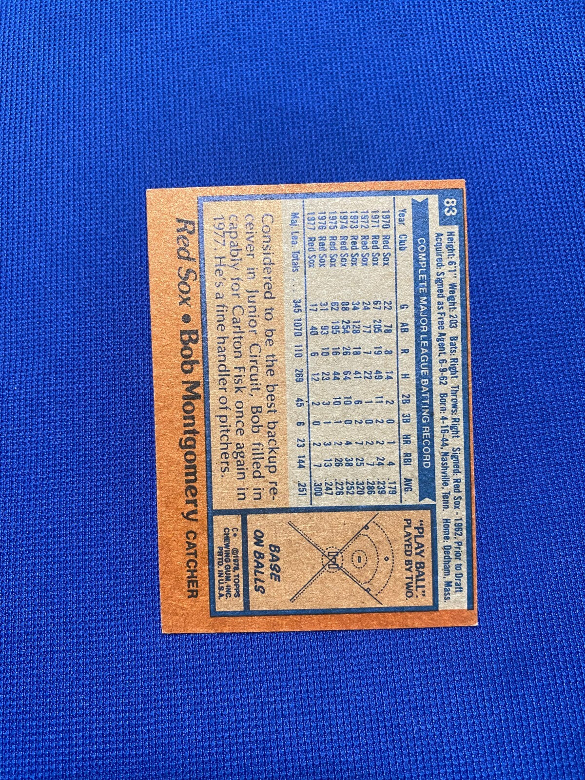 1978 TOPPS BOB MONTGOMERY BOSTON RED SOX SIGNED AUTOGRAPHED CARD #83 W/COA