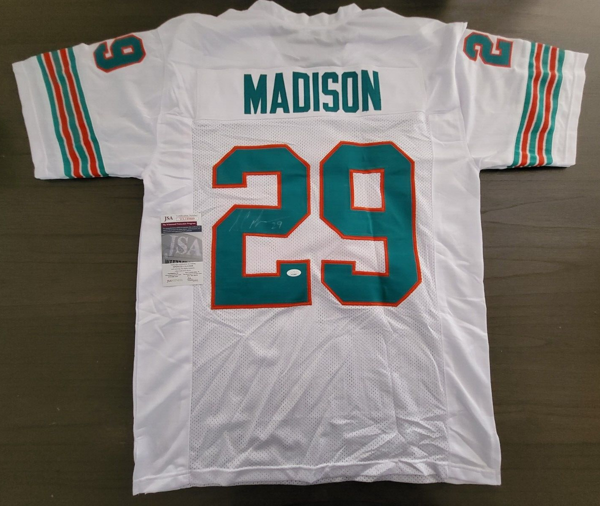 SAM MADISON #29 MIAMI DOLPHINS SIGNED AUTOGRAPHED WHITE CUSTOM SZ XL JERSEY JSA