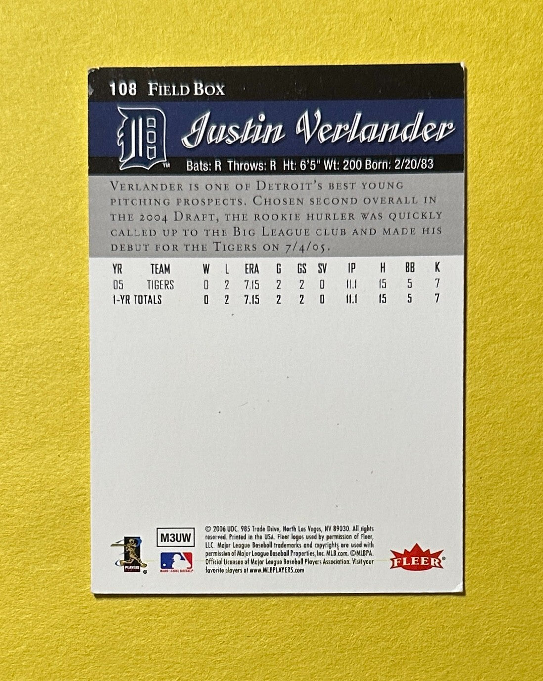 2006 FLAIR SHOWCASE JUSTIN VERLANDER FIELD BOX #108 ROOKIE CARD TIGERS