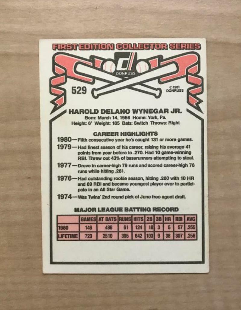 BUTCH WYNEGAR MINNESOTA TWINS SIGNED AUTOGRAPHED 1981 DONRUSS CARD #529 W/COA